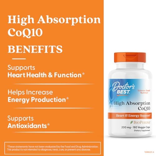 Doctor's Best High Absorption CoQ10 200mg with BioPerine Supplement - Coenzyme Q10 Caps for Heart Health & Antioxidant Support, CoQ10 200 mg for Women & Men, Non GMO - 60 Veg Capsules