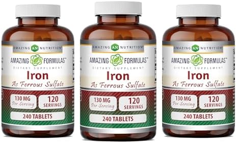 Amazing Formulas Iron as Ferrous Sulfate Supplement | 130 Mg per Serving | 240 Tablets | Non-GMO | Gluten-Free | Made in USA