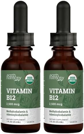 Earth Harmony Naturals Organic Vegan Vitamin B12 Sublingual Liquid Supplement - 2500mcg Methylcobalamin Drops for Natural Energy, Metabolism Health and Immune System Support - 1 Fl Oz