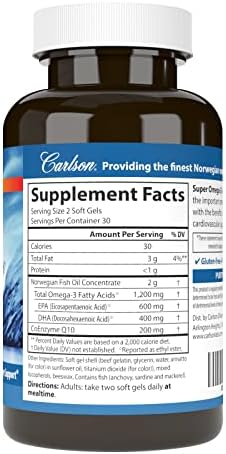 Carlson Super Omega-3 Gems + CoQ10, 1200 mg, Omega-3s, 60 Softgels | 200 mg CoQ10; Norwegian; Wild Caught; Sustainably Sourced