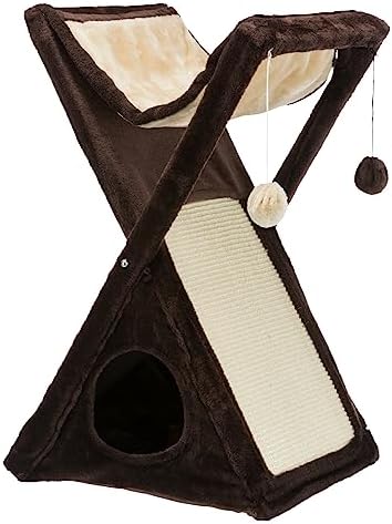 TRIXIE Miguel Fold and Store Cat Hammock, Indoor Cat Furniture with Dangling Toys, Scratching Pad, and Cave, Taupe/Light Gray