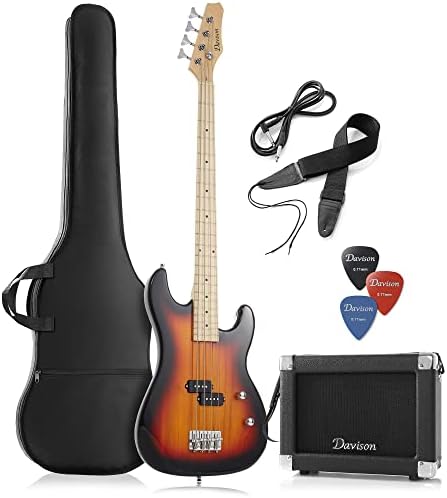 Full Size Electric Bass Guitar with 15-Watt Amp, Black - 4 String Right Handed Beginner Kit with Gig Bag and Accessories