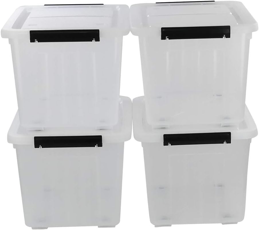 Clear Plastic Storage Bins with Wheels, 4-Pack Latch Boxes, 30 L