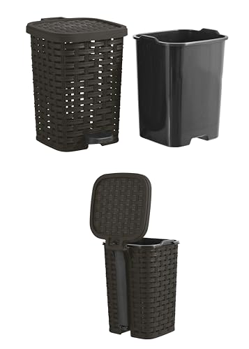 Superio Mini Trash Can with Foot Pedal Small Outdoor Garbage Can with Lid, 1.5 Gallon Plastic Waste Basket for Bathroom, Bedroom, Kitchen, Office, Patio (Wicker Brown 6 QT.)