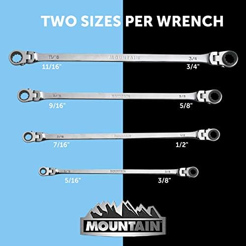 Mountain RF7 SAE Reversible Double Raised Box Ratcheting Wrench Set, Universal Spline, 90 Tooth Design, 180 Degree Rotating Head, Sizes 5/16", 3/8"