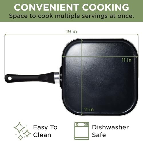 Ecolution Artistry Nonstick Square Griddle, Easy To Clean, Comfortable Handle, Even Heating, Dishwasher Safe Pots and Pans, 11-Inch, Black
