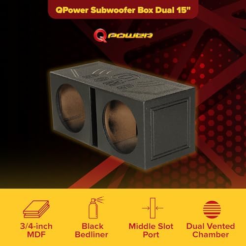 Q Power Q Bomb Series 15" Dual Ported SubwooferSpeaker Enclosure | Vented Sub Box Chamber Design with Black Bed Liner Spray Finish, Car Audio Sound System Accessory