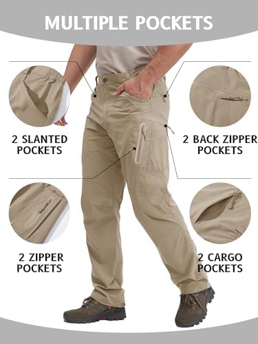 TACVASEN Men's Lightweight Hiking Tactical Pants Waterproof Quick Dry Cargo Work Rain Outdoor Pants 8 Pockets