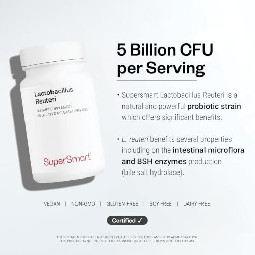Supersmart - Lactobacillus Reuteri 5 Billion CFU per Day - Probiotic Supplement | Non-GMO & Gluten Free - 60 DR Capsules | 5 billion UFC per day