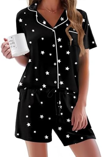Ekouaer Pajamas Set for Women Short Sleeve Sleepwear Button Down Pj XS-XXXL | Summer 2 Piece Lounge Set, Soft Fabric, Drawstring Waistband, for Bridesmaid Bride Party, Plus Size, Petite, Cute Pattern