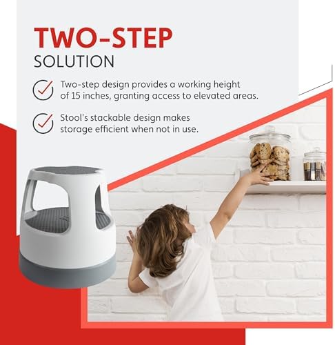 Cramer Scooter Stool, Round, 2-Step, 15", Step and Lock Wheels, 300 lb Capacity, Red