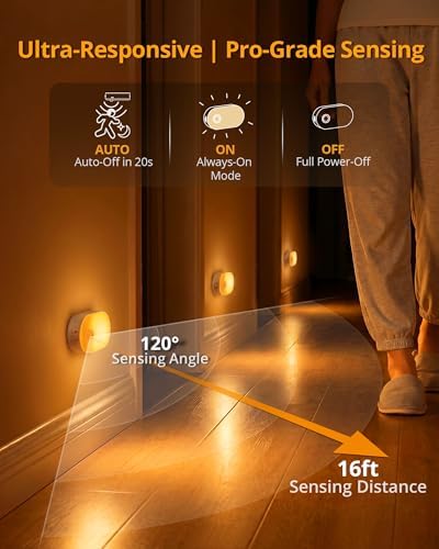 Lyridz Rechargeable Battery Night Light with Motion Sensor, Portable Mini Warm White LED Stick-on Closet Light, Adjustable Brightness for Bathroom