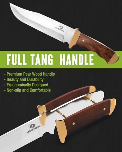 Mossy Oak 14-inch Bowie Knife, Wood Handle, Hunting Knife | Full-tang Fixed Blade, Leather Sheath, Hunting Knives for Camping, Hiking, Survival