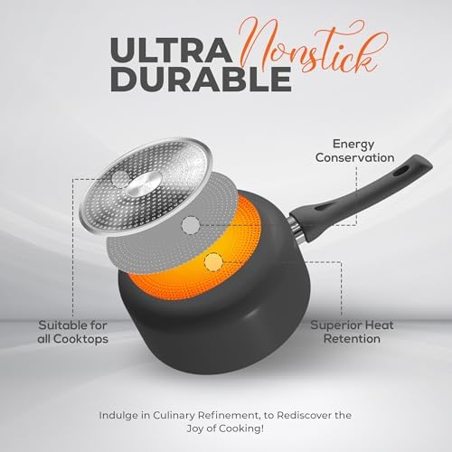 Utopia Kitchen Saucepan 2 QT Detachable Handle with Lid Grey Black | Glass Lid, Multipurpose Use, Home Kitchen and Restaurant, Nonstick Coating, Durable