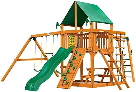 Gorilla Playsets 01-0020-AP-1 Navigator Wooden Swing Set with Deluxe Green Vinyl Canopy, Monkey Bars, Swings, and Slide, Brown