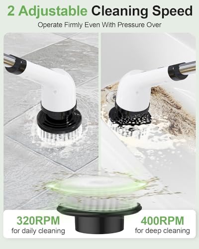 6-in-1 Cordless Electric Spin Scrubber with Long Handle | Power scrubber, bathroom scrubber, 47.2 in long handle, 2 speed scrub brush, IPX7 rated body, kitchen, tile, tub, floor