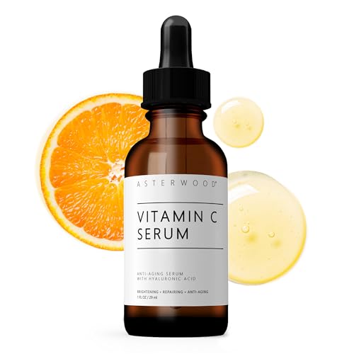 Asterwood Vitamin C Serum for Face with Hyaluronic Acid 1 Fl Oz | Stable Vitamin C (MAP) & Vegan Hyaluronic Acid, Supports More Even Complexion & Collagen Production, Fragrance-Free