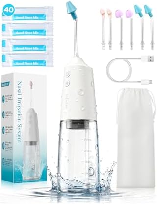 Nasal Irrigation System with 40 Saline Packets, 15s Quick Relief, Nettie Pot Sinus Rinse with 4 Speeds, 1000mah USB-C Charging