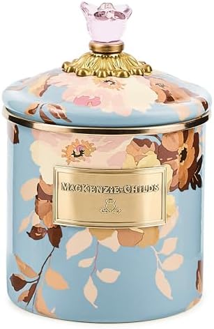 MACKENZIE-CHILDS Enamel Canister, Small, Wild Rose Brown | Hand-applied design, made from enameled steel, versatile kitchen storage container for flour and sugar, 38-ounce capacity