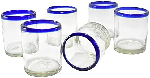 MAREY Hand Blown Drinking Glasses Artisan Crafted from Mexico Set of 6 pieces (Cobalt Blue Rim, Water 16 Oz.)