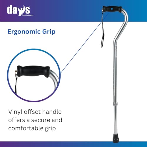 Days Standard Bariatric Offset Cane, Bariatric Cane with Rubber Tip, Heavy Duty Walking Cane for Weight Bearing, Limited Mobility Aid for Elderly, Tall & Heavy Adults, Silver with Black Handle