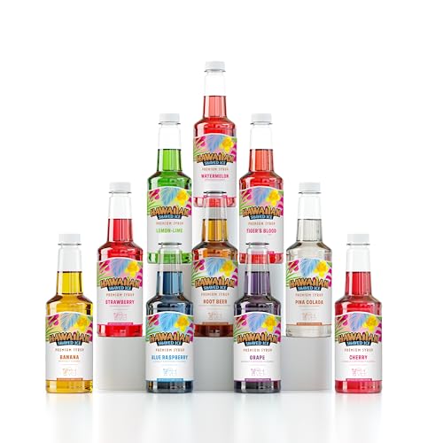 Hawaiian Shaved Ice Syrup Variety Pack - 10 Premium Snow Cone Flavors - Long-Lasting Shaved Ice Flavorings for Home & Business Use - 16oz Bottles