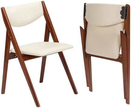 Stakmore Retro Modern Wood Folding Chairs Set of 2, Padded Upholstered Seat, Solid Hardwood Dining & Card Table Chairs, A-Frame Design, Steel Folding Mechanism, No Assembly, Space Saving, Cherry Frame