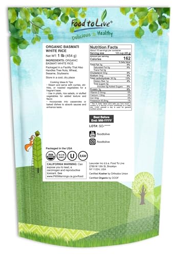 Food to Live Organic White Basmati Rice, 25 Pounds – Non-GMO, Long-Grain Rice Variety, Fragrant, Kosher, Vegan, Bulk. Non-Irradiated. Less Starch.Great for Indian Dishes.