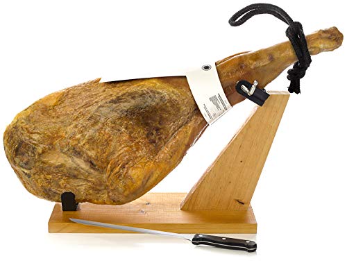 Serrano Ham Bone in from Spain 15-17 lb with Ham Stand & Knife - Cured Spanish Jamon with NO Nitrates or Nitrites all Natural - GMO Free and Gluten