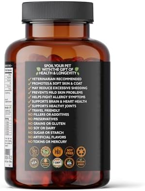 Wild Alaskan Salmon Oil for Dogs and Cats | Omega 3 Fish Oil Soft Gel Capsules | Skin and Coat, Joint and Heart Support | 500mg EPA DHA | 60 Count