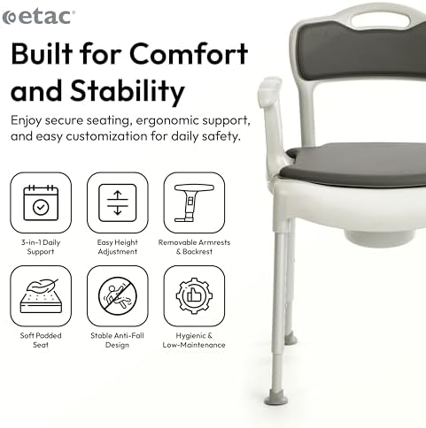Etac Swift Commode – 3-in-1 Multi-Purpose Chair: Use as a Bedside Commode, Shower Chair & Toilet Seat Raiser – Height Adjustable, Lightweight