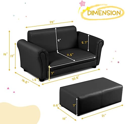 HONEY JOY Kids Sofa, 2 Seat Toddler Couch Lounge Bed with Ottoman, Sturdy Wood Construction