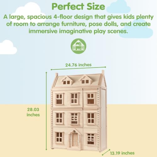 PlanToys® Green Wooden Dollhouse with Solar Panel, Wind Turbine & Furniture | recycling system, eco-friendly doll house, sustainable pretend play, kids, girls, environmental learning gift for boys