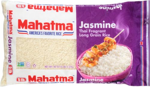 Mahatma Jasmine Rice, Fragrant Thai Rice, 5-Pound Bag | Aromatic rice for stovetop or microwave, quick and easy to cook, gluten-free, vegan, kosher, non-GMO, bulk bag