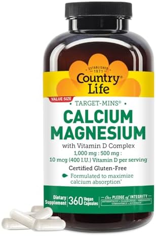 Country Life Target-Mins Calcium Magnesium with Vitamin D, 240 Capsules | 1,000 mg calcium, 500 mg magnesium and 10 mcg vitamin D per serving for bone health and calcium absorption