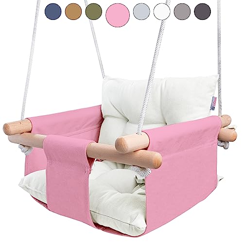 CaTeam Canvas Baby Swing Seat with 5-Point Safety Belt — Wooden Hanging Toddler Swing, Indoor & Outdoor, Ages 1-4, Ceiling Mount Hardware Included