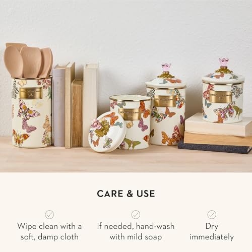 MACKENZIE-CHILDS Enamel Canister, Small, Wild Rose Brown | Hand-applied design, made from enameled steel, versatile kitchen storage container for flour and sugar, 38-ounce capacity
