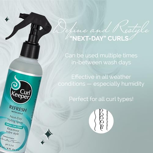 Curl Keeper Refresh Hair Styling Spray for Curly Hair - Lightweight Water-Based Anti-Frizz Formula with Hold for Wavy and Curly Styles, 8 Fl Oz