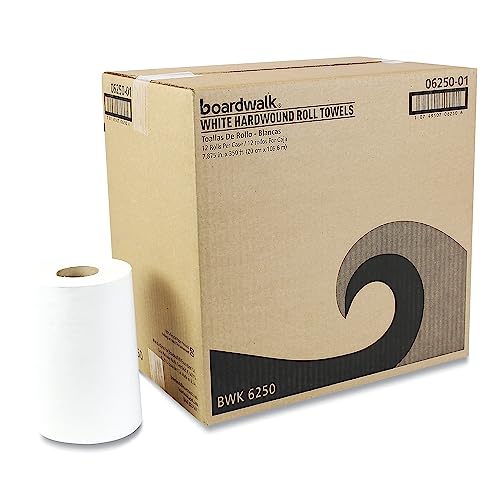 Boardwalk 6250 Hardwound Paper Towels, Nonperforated 1-Ply White, 350 ft (Case of 12 Rolls) | Made In The USA