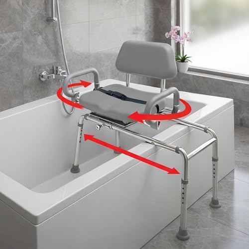 Carousel Sliding Shower Chair Tub Transfer Bench with Swivel Seat Elderly | Slide Safely In & Out of the Tub - Blue, padded seat, padded armrests, swivel seat, backrest, portable, tool-free assembly
