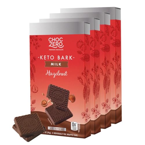 ChocZero Sugar Free Chocolate Candy with Hazelnuts, 4 Pack | No Sugar Alcohols, Keto, Low Carb, High Fiber, Gluten Free, 32 Total Candy Squares