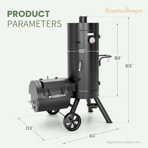 Captiva Designs Vertical Charcoal Smoker Grill Extra Large Barbecue Grill | 961 SQ.IN Outdoor Barrel BBQ Meat Smoker with 5 Removable Smoking Grates & Built-in Hooks for Outdoor Backyard Cooking
