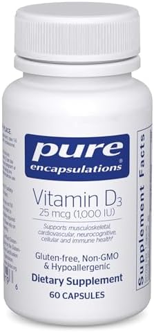 Pure Encapsulations Vitamin D3 25 mcg (1,000 IU) - Supplement to Support Bone, Joint, Breast, Heart, Colon & Immune Health* - with Premium Vitamin D - 120 Capsules | Supplement to Support Bone, Joint, Breast, Heart, Colon and Immune Health*, with Premium…