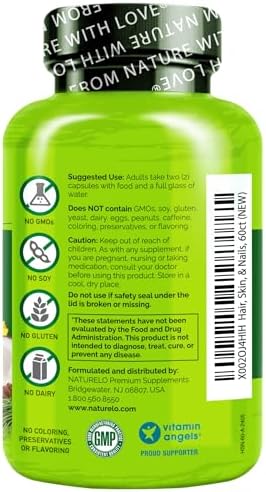 NATURELO Hair, Skin and Nails Vitamins - Biotin, Collagen - 60 Capsules | 5000 mcg, natural vitamin E, healthy skin