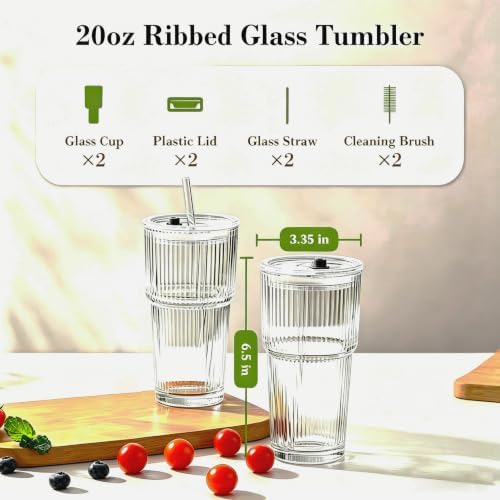 Glass Cups with Lids and Straws, 2Pcs 20oz Glass Coffee Cups Leak Proof | Ribbed Thick Reusable Glass Tumbler with Straw and Lid, Fits Car Cup Holder