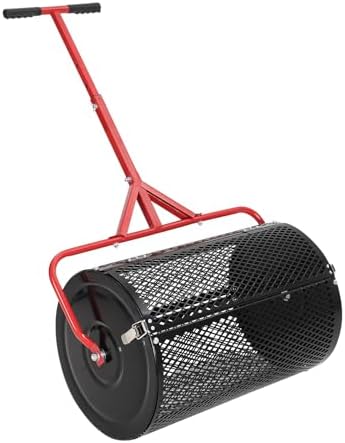 24 Inch Compost Spreader, Metal Mesh Roller Peat Moss Spreader with Adjustable T-Handle, Powder-Coated Lawn Seeder for Topsoil, Grass Seed