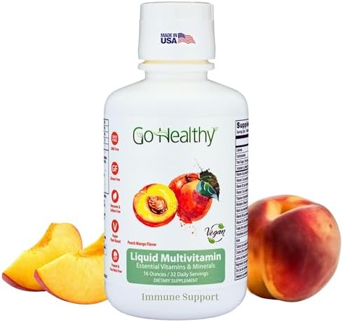 Go Healthy Liquid Multivitamin for Women, Men, Teens | Vegan Vitamin & Mineral Supplement | High Absorption | Premium Liquid Formula | Immune Support | Peach Mango Flavor | 32 Servings