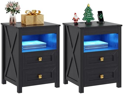 TAGELIER LED Nightstand Set of 2 with Charging Station, Brown | Invisible Lock Hidden Drawer, Smart Human Sensor Light, Farmhouse Bedside Table