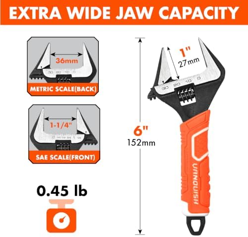 VANQUISH 12 Inch Adjustable Wrench, 2-3/8” Wide Jaw Opening Plumbing Wrench, CR-V Steel, SAE and Metric Scale Marked, With Comfort Grip Handle and Hanging Hole (3154)