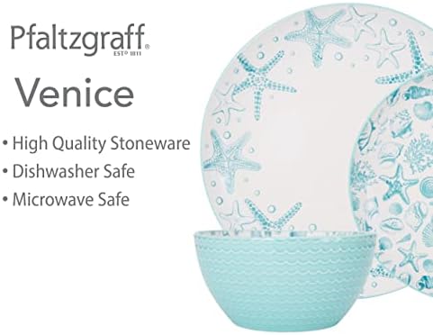 Pfaltzgraff Venice 16-Piece Stoneware Dinnerware Set, Service for 4, Aqua and White Color Combination, Durable and Chip Resistant, Microwave Safe